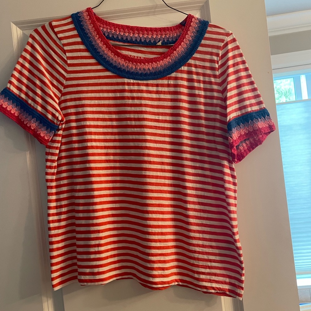 Boden Red and White Striped Top with Multicolor Crochet
